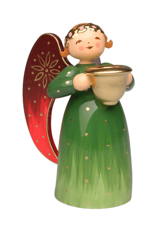 Angel richly painted, green, small, with light bowl