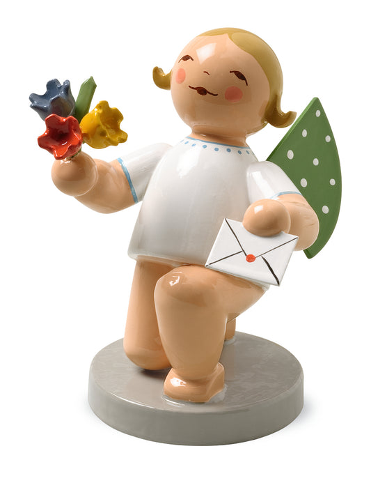 Ange avec lettre et fleur, agenouillé